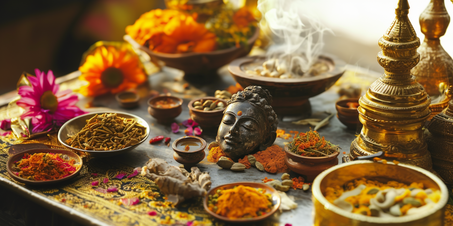 Frische ayurvedische Lebensmittel, die das Verdauungsfeuer Agni stärken Image